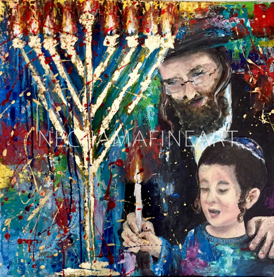 Father and Son Lighting Menorah